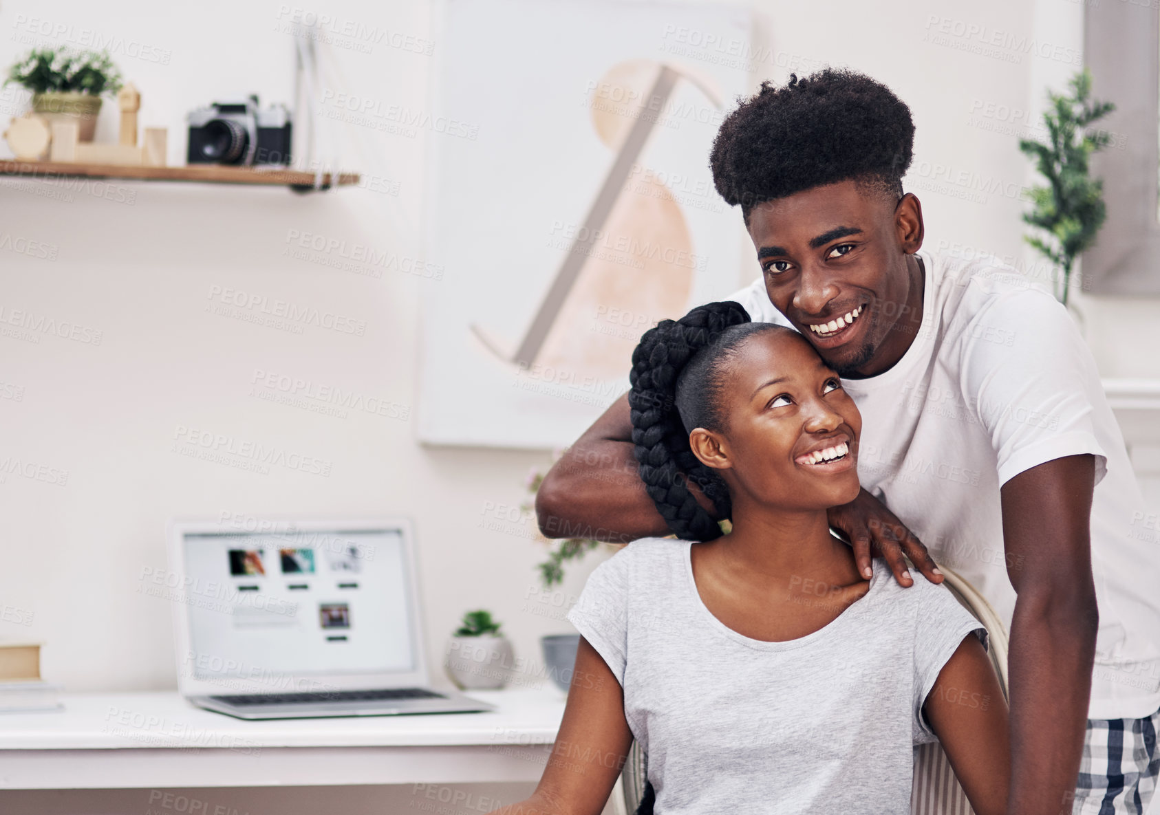 Buy stock photo Black couple, people and happy in apartment in morning for bonding, care and support. Relationship, love and smile or excited on break at home to relax, chill and rest for fun in commitment as lovers