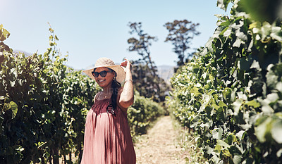 Buy stock photo Smile, nature and woman with sunglasses at vineyard with plants on summer vacation, adventure or holiday. Happy, travel and female person walk in outdoor orchard farm for weekend trip in countryside.