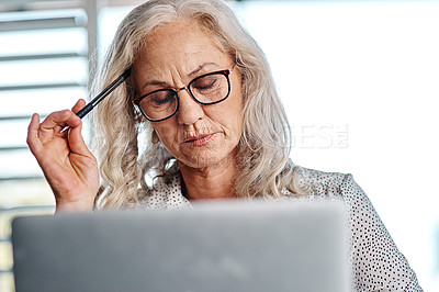 Buy stock photo Mature woman, headache and stress at laptop for financial crisis, budget issue and fraud in banking app. Female administrator, frustrated and upset in office with tech, computer glitch and burnout