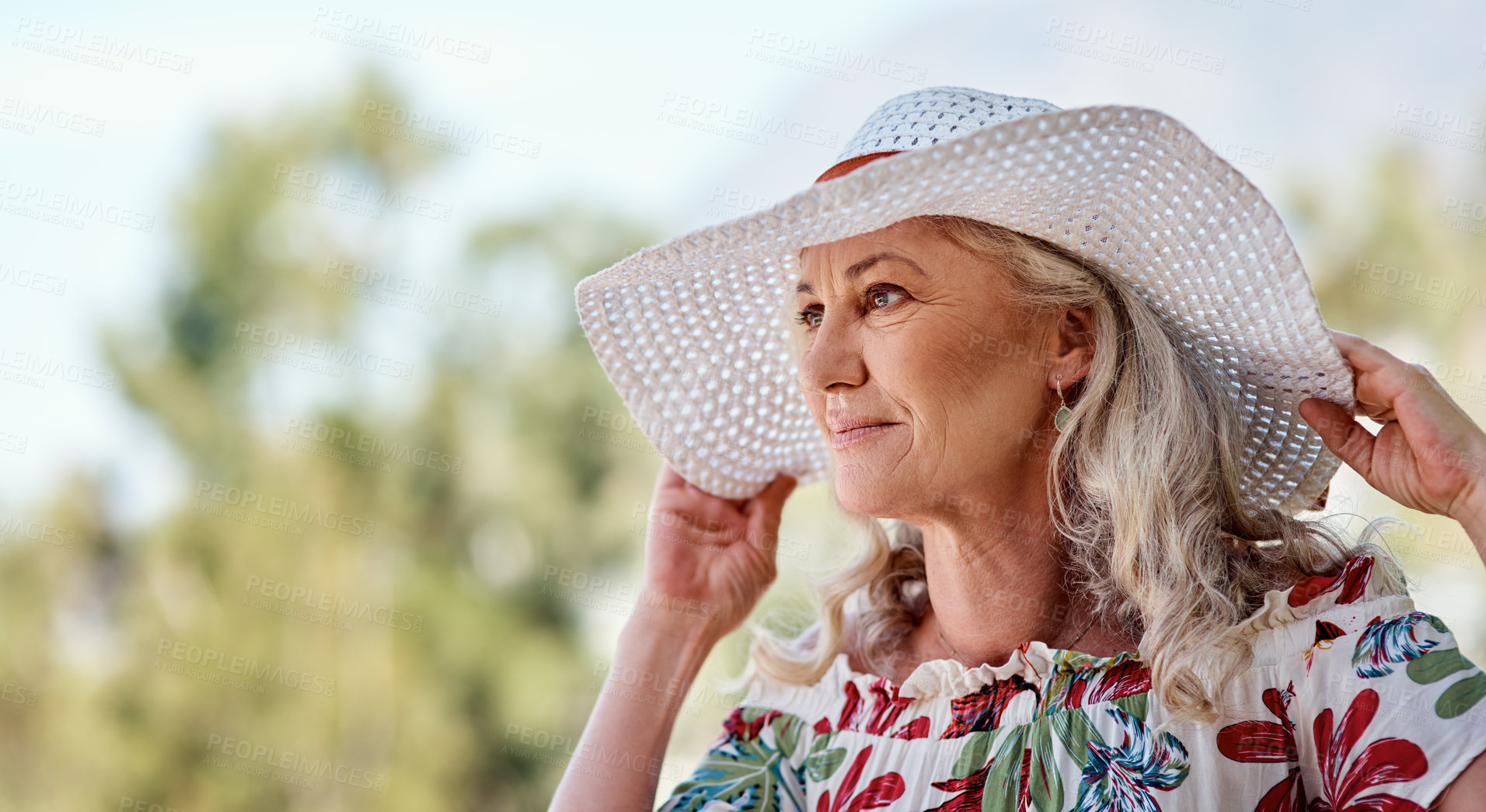 Buy stock photo Old woman, nature and outdoor holiday for thinking, peace and countryside for weekend trip. Female person, senior retirement getaway and reflection on calm vacation, remember and nostalgia travel