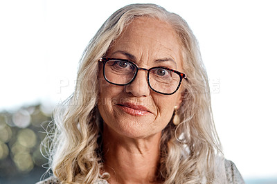 Buy stock photo Mature business woman, portrait and glasses with ambition for creative career or job opportunity at home. Face of senior publisher, female person or author with smile for remote work or freelance