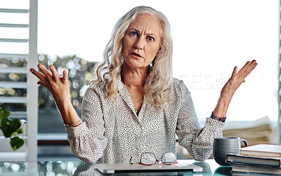 Buy stock photo Portrait, mature woman and frustrated in office, publisher and professional in publishing agency and laptop. Question, confused and hands up for shock for budget, ambitious and mad in business