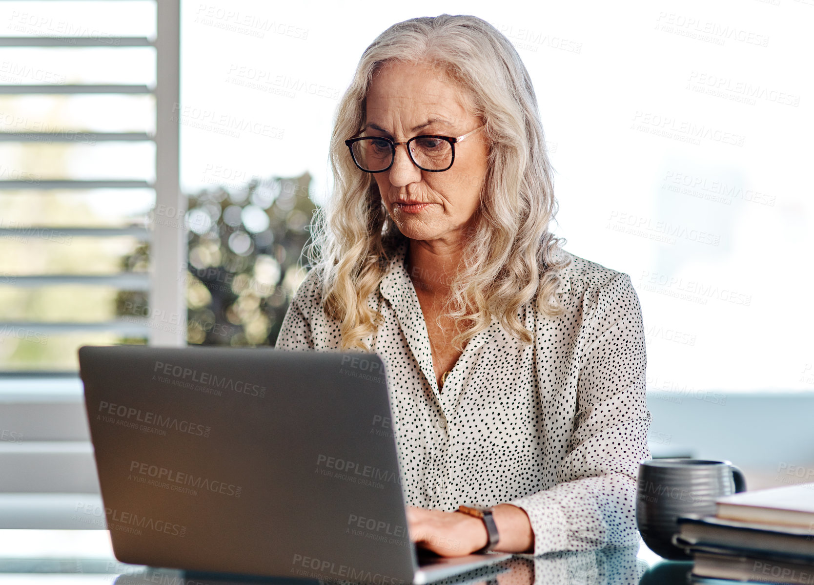 Buy stock photo Cropped shot of an attractive senior businesswoman using a laptop while working from home