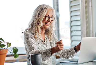 Buy stock photo Cropped shot of an attractive senior businesswoman cheering while working from home