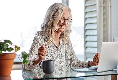 Buy stock photo Mature, happy woman and winning with laptop for good news, online offer or deal at home. Excited female person or freelancer with smile on computer in celebration for promotion, sale or notification