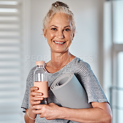 Buy stock photo Portrait, fitness and senior woman with gym mat for pilates, exercise and workout at home. Water bottle, retirement and smile for mobility and physio recovery practice for wellness and health