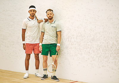 Buy stock photo Court, squash and men in portrait for sport, training and practice with friendly challenge for competition. Mockup space, teamwork and friends with racket for fitness game, performance and support