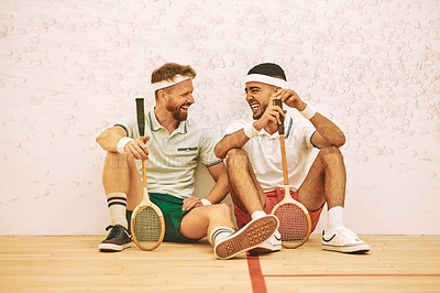 Buy stock photo Court, squash and men on break for sport, training and practice with friendly challenge for competition. Relax, teamwork and friends with racket for fitness game, performance and support with laugh