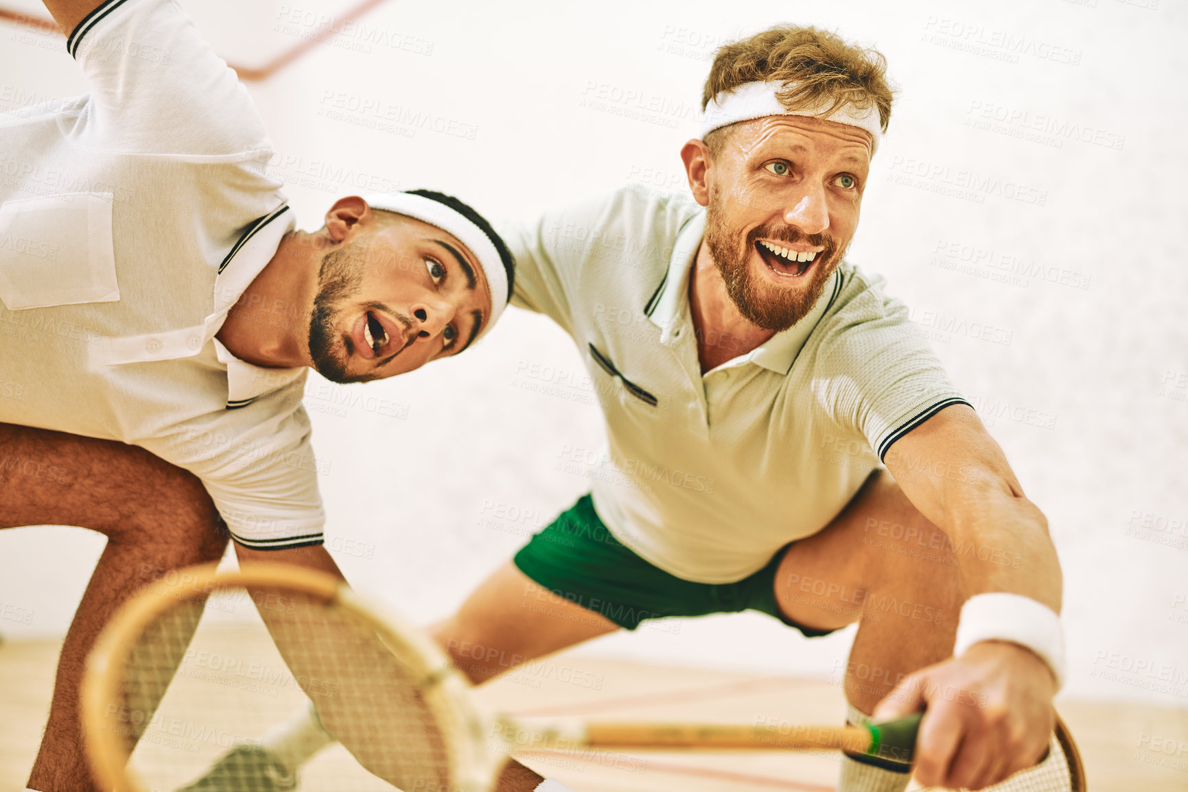 Buy stock photo Sports, squash and men in court for playing, training and challenge with exercise for competition. Tournament, teamwork and players with racket for serving, control shots and defence in game match