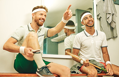 Buy stock photo Men, locker room and squash player for training, game and fitness for sports or competition. Male people, together and vintage as partner with wellness, ready and match at court for exercise as team