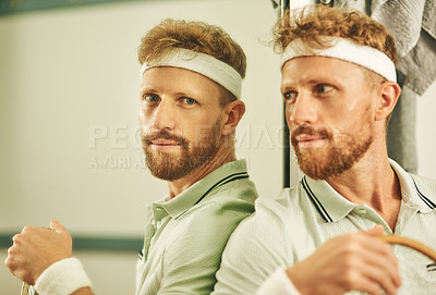 Buy stock photo Shot of a young man in the locker room after a game of squash