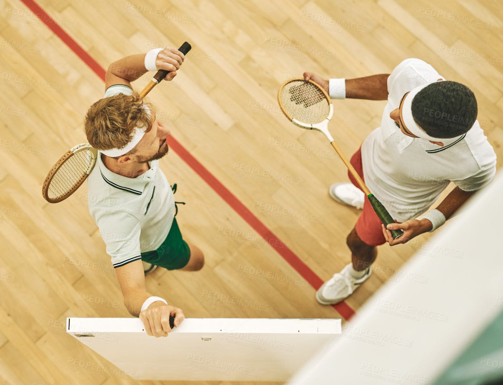 Buy stock photo Sport, squash and players by above with racket, discussion and planning as team for competition challenge. People, men or communication with equipment for serving, game match or support by court door