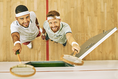 Buy stock photo Portrait, above and men with squash racket, wellness and fitness with competition, workout and active. Face, top view and players with match, recreation and hobby with confidence, training and sports