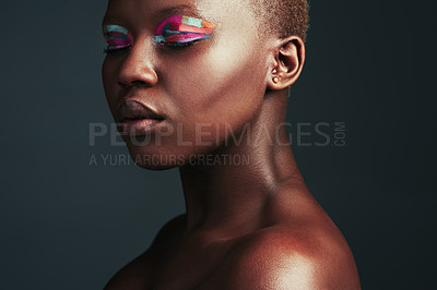 Buy stock photo Color, eyeshadow and black woman with makeup, cosmetics and shine on dark studio background. African person, model and girl with creativity, aesthetic and glow with foundation, dermatology and beauty