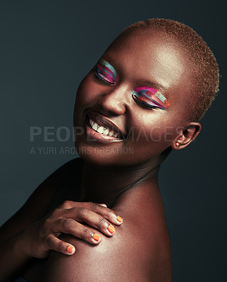 Buy stock photo Color, eyeshadow and black woman with makeup, glow and shine on dark studio background. African person, model and girl with creativity, aesthetic and cosmetics with foundation, dermatology and beauty