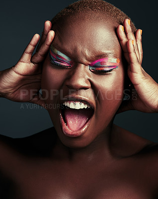 Buy stock photo Color, screaming and black woman with makeup, eyeshadow and artistic on dark studio background. African person, model and girl with cosmetics, dermatology and expression with beauty and foundation