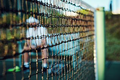 Buy stock photo Tennis, net and man on bench at fitness club for outdoor competition, exercise and training for match. Sports, workout and professional athlete on court thinking, waiting and planning for game play