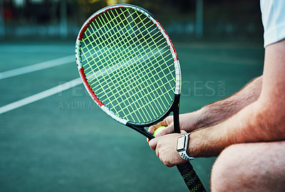 Buy stock photo Man, hands or waiting with racket for tennis match, game or sport on bench at court. Closeup, male person or athlete with bat or ball for break, rest or half time in competition or outdoor tournament