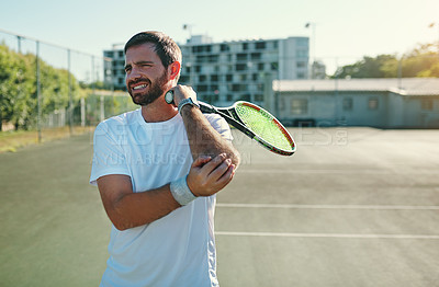 Buy stock photo Tennis, injury and joint pain by man at court for fitness, training or workout with problem. Sports, accident and male player with arthritis and injured arm, osteoporosis and muscle or fibromyalgia