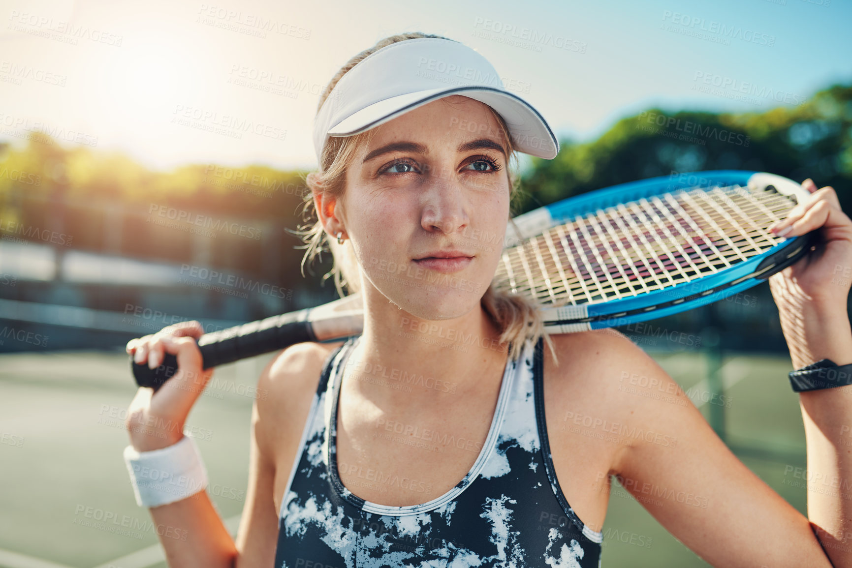 Buy stock photo Tennis, court and woman thinking outdoor for fitness, training or cardio routine on blurred background. Face, exercise and athletic sports lady with racket for challenge, match or competitive mindset