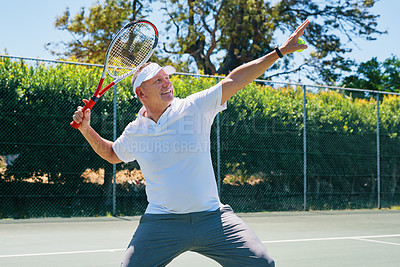 Buy stock photo Tennis court, game and mature man with racket for fitness, workout and sports challenge. Male person, exercise and athlete for outdoor, match or tournament in competition, training or activity in USA