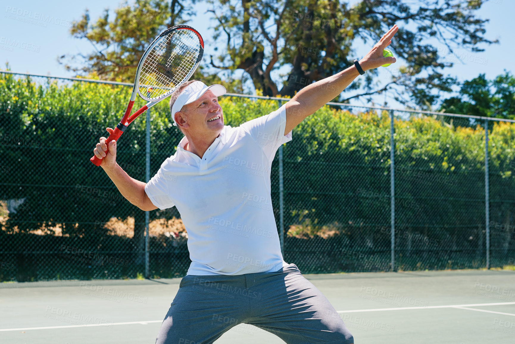 Buy stock photo Tennis court, game and mature man with racket for fitness, workout and sports challenge. Male person, exercise and athlete for outdoor, match or tournament in competition, training or activity in USA