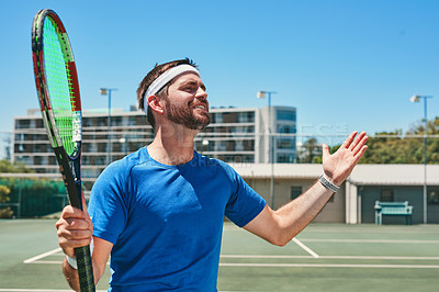 Buy stock photo Tennis court, frustrated and man with racket for fitness, workout and sports challenge. Male person, exercise and athlete for game, match or tournament in competition, training or activity in France