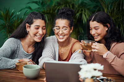 Buy stock photo Friends, smile and watch on tablet, cafe and laughing with tea, comedy and happy teenager in morning. Drink, girls and fun with technology, bonding and online for movies, break and weekend to enjoy