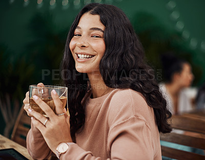 Buy stock photo Shot of a beautiful young woman enjoying a relaxing break at a cafe