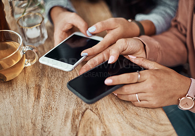 Buy stock photo Hands, phone and friends in cafe with texting, drinks and relax together with blank screen at breakfast. People, smartphone and mobile app for notification, contact or social media in coffee shop