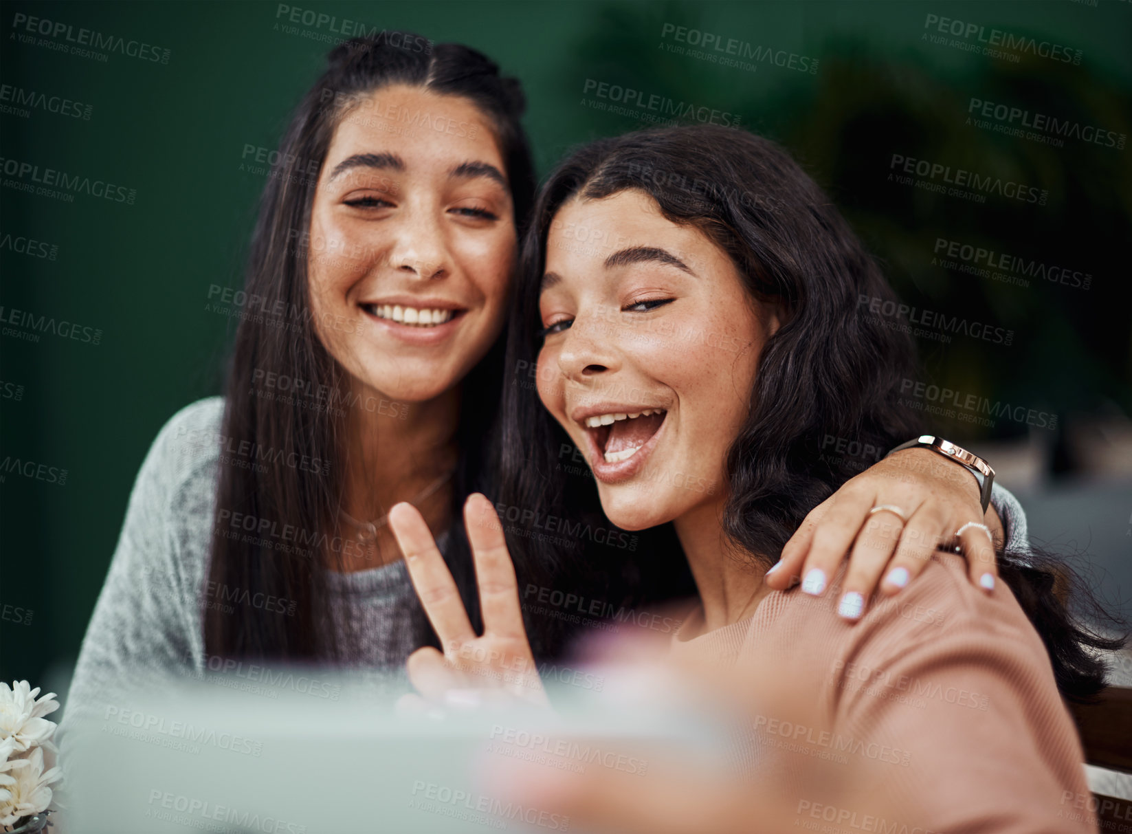 Buy stock photo Girl, teenager and peace selfie with friends at restaurant for sign, video or live streaming for review. People, influencer and happy with mobile app for social media, memory and emoji at cafeteria