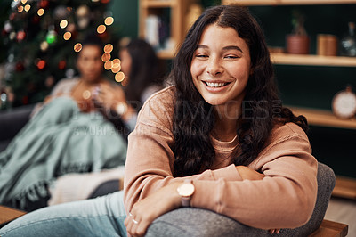 Buy stock photo Home, teenager and portrait of girl on sofa, relaxing and comfortable with smile in living room. Couch, people or female person with happiness, peaceful and enjoying in lounge by bokeh in house