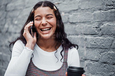 Buy stock photo Woman, phone call and laughing in street for communication, conversation and joke in city. Student, gen z or girl and networking by gray wall in New York with technology for comedy and connection 