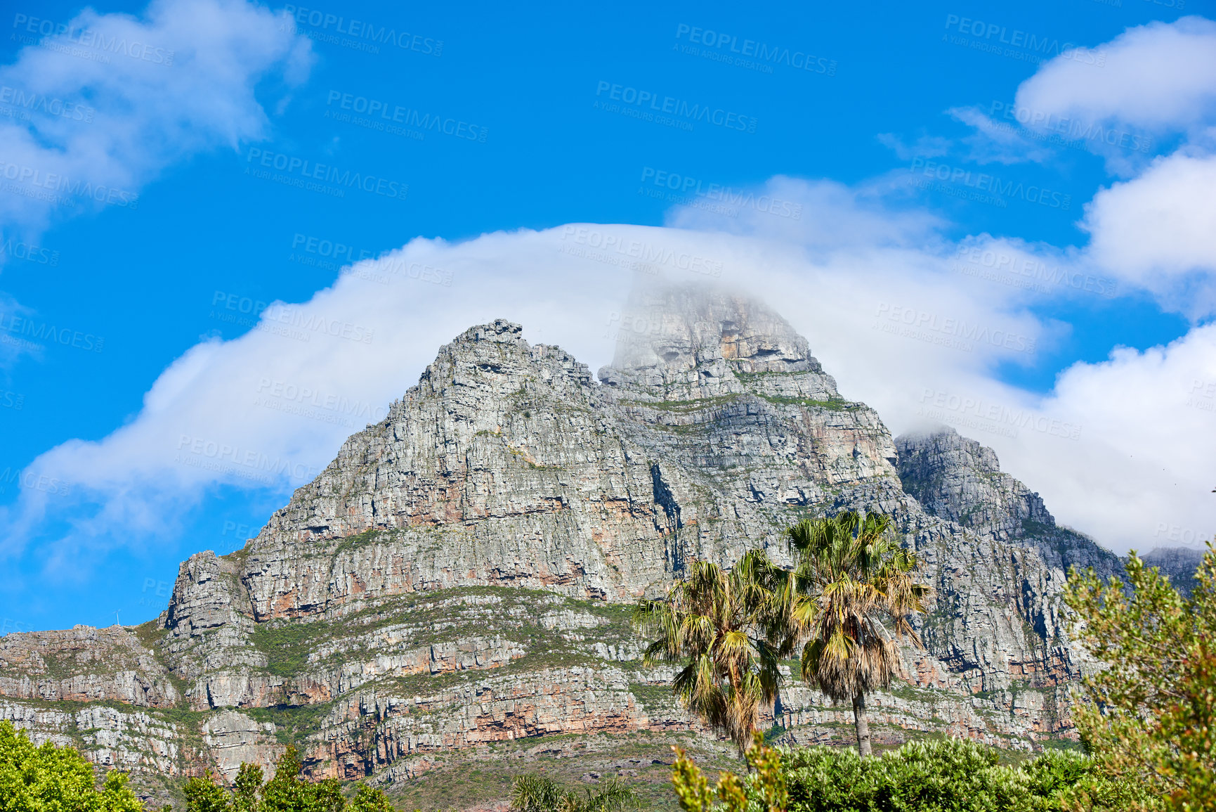 Buy stock photo Lions Head mountain with cloudy blue sky copy space. Beautiful below view of a rocky mountain peak covered in lots of lush green vegetation at a popular tourism destination in Cape Town, South Africa