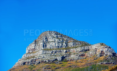 Buy stock photo Landscape view of  Lions Head mountain, blue sky with copy space on Table Mountain, Cape Town, South Africa. Calm and tranquil countryside with relaxing, wild nature scenery in tourism destination