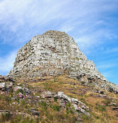 Buy stock photo Landscape view of Lions Head mountain with blue sky, copy space on Table Mountain, Cape Town, South Africa. Wild, rough hiking terrain in popular countryside and tourism destination to explore nature