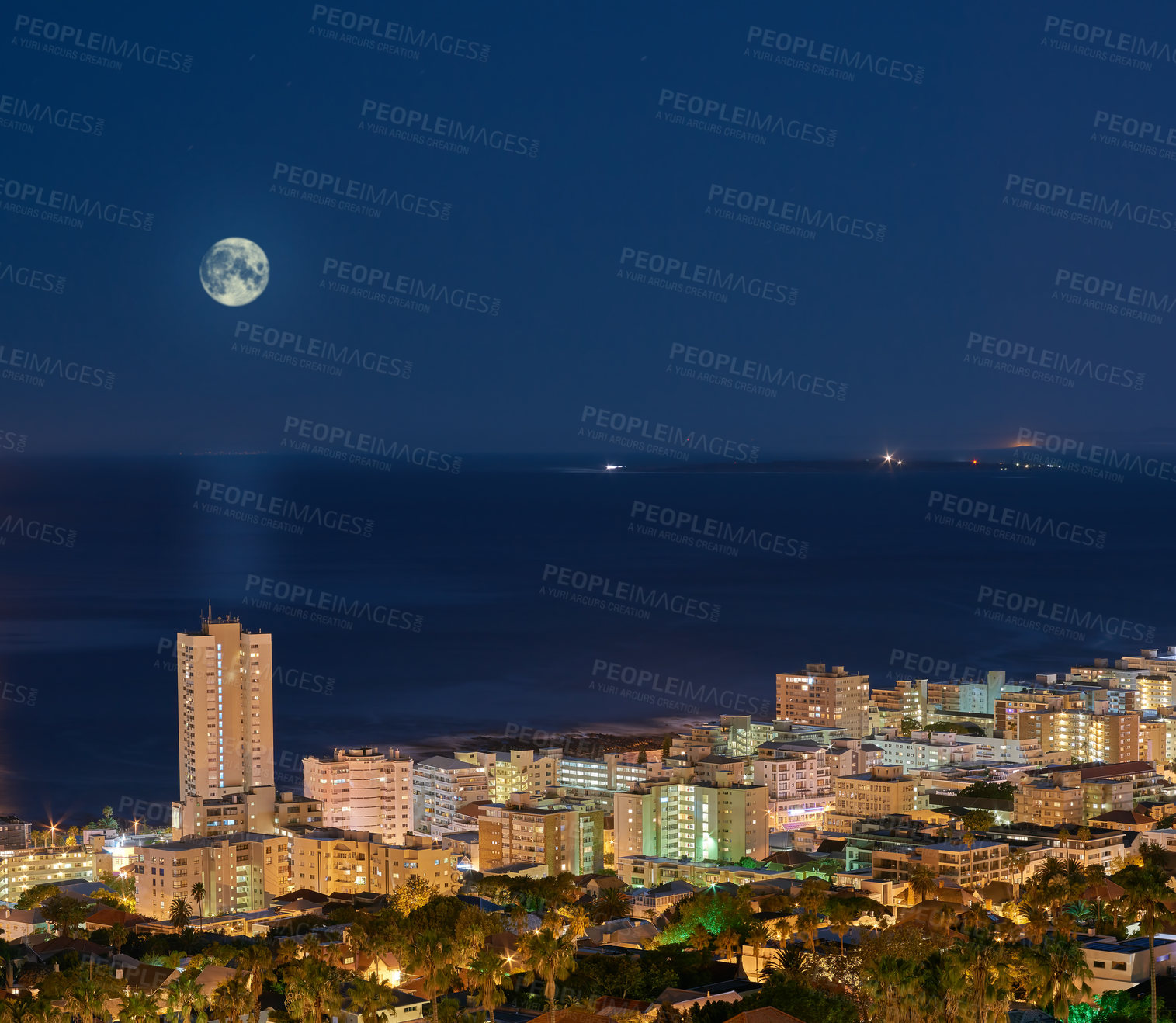 Buy stock photo Urban city lights with a full moon in the midnight sky copy space. Skyline with colorful lighting with the wide open ocean on the horizon. Modern metroplitan architectural buildings at night