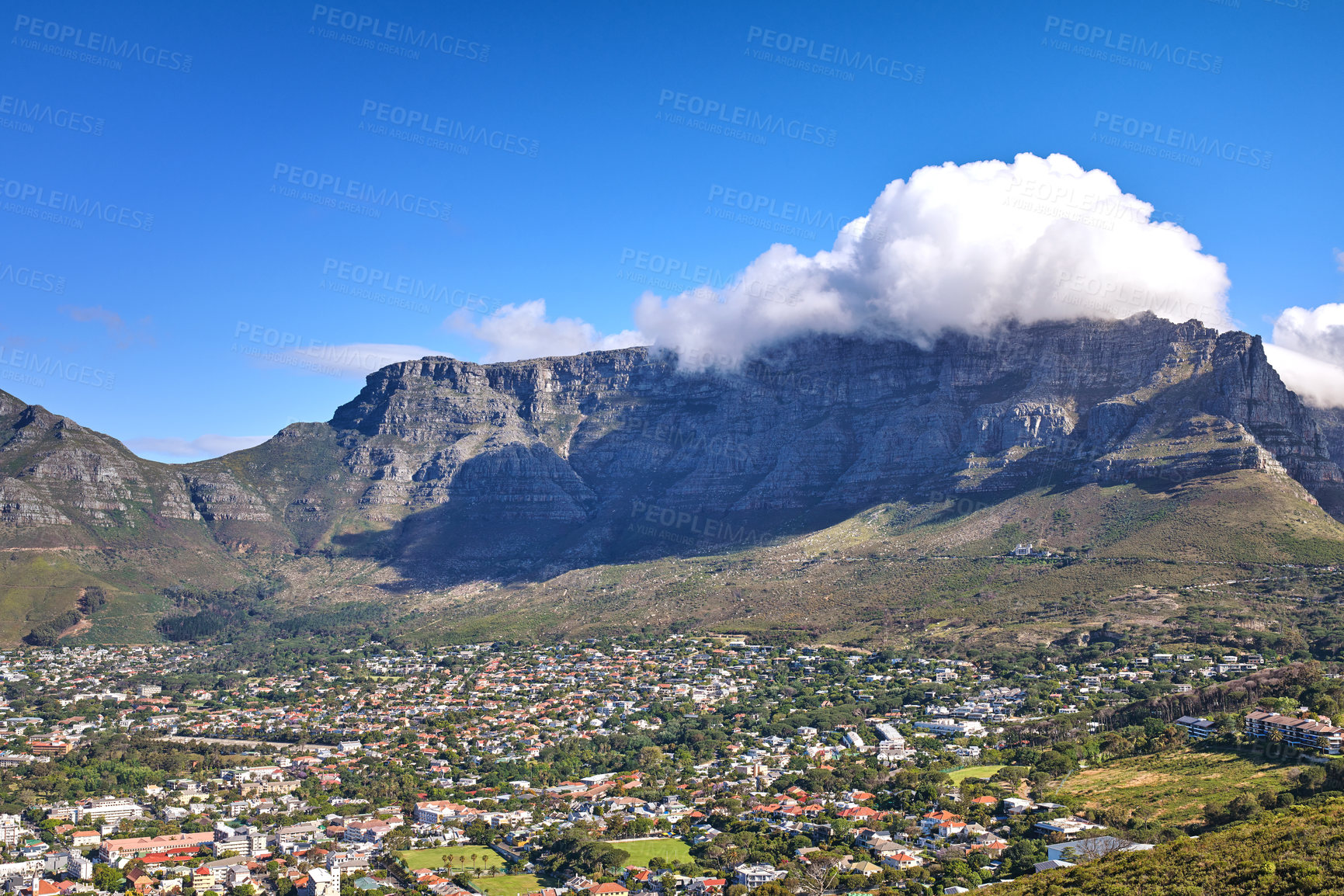 Buy stock photo Cumulus clouds forming over Lions Head mountain against a blue sky with copyspace. Panoramic landscape of green mountains with vegetation surrounding an urban city in Cape Town, South Africa