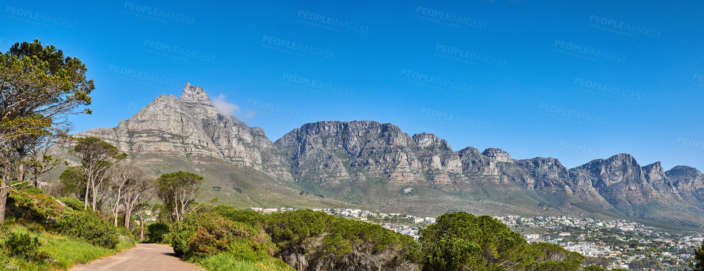 Buy stock photo A scenic landscape view of Table Mountain in Cape Town with copy space. South Africa against a blue sky background. Magnificent panoramic of an iconic natural landmark and famous travel destination