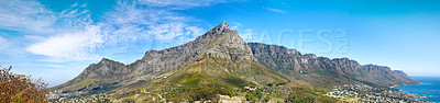 Buy stock photo Copyspace with landscape of Table Mountain in Cape Town and surroundings against a blue sky background. Beautiful scenic views of a coastal city in nature around an iconic landmark on a sunny day
