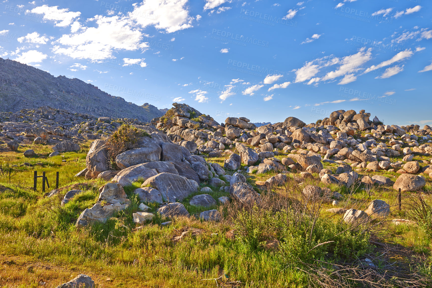 Buy stock photo Rocks and boulders in an uncultivated, rough hiking terrain on Table Mountain, Cape Town, South Africa. Lush green bushes and shrubs growing among flora and plants in a quiet, overseas nature reserve
