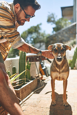 Buy stock photo Cropped shot of a cheerful young man petting his dog outside of his home during the day