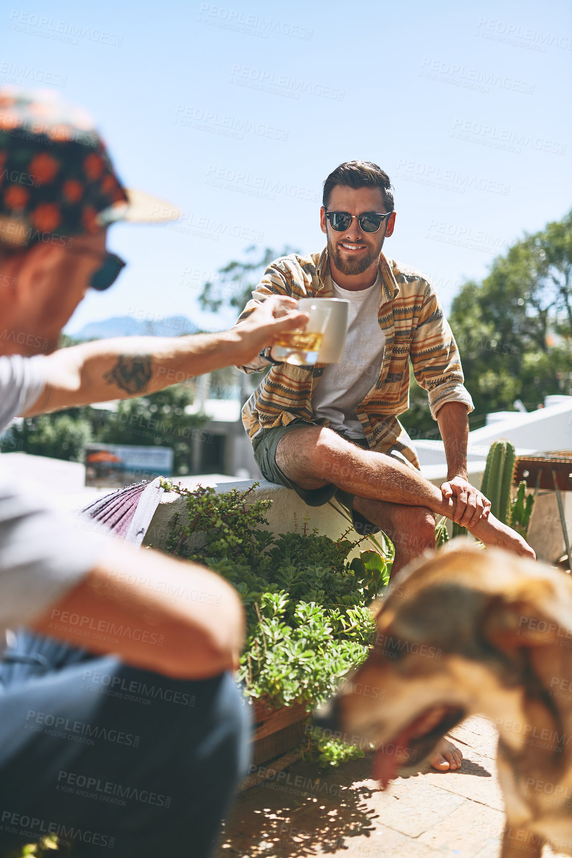 Buy stock photo Cropped shot of two cheerful young men hanging out outside on their balcony with their dog at home