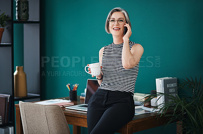 Buy stock photo Phone call, portrait and mature woman in office, glasses and info for business, journalist and desk. Confident, reporter and person with mobile, professional and happy with news and determination