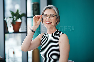 Buy stock photo Portrait, office and mature woman with smile, glasses and ambitious for business, journalist and creative. Confident, reporter and person with vision, professional and press for news and determined