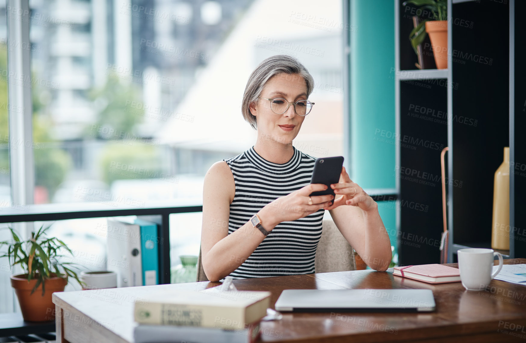 Buy stock photo Mature woman, corporate and phone for networking, communication and client management in office. Consultant, business and mobile for consulting, email and company development with investment prospect