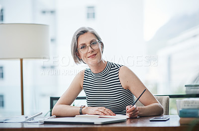 Buy stock photo Business, smile and mature woman in portrait for planning, agenda and calendar in office. Receptionist, notebook and admin at desk for company schedule, assistant and booking appointment in city