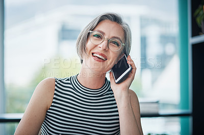 Buy stock photo Portrait, business woman and phone call in office with public relations networking and online consultation. Mobile, professional and mature agent with smile and confidence from client deal discussion