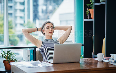 Buy stock photo Relax, laptop and businesswoman in office with completed finance project with investment profit. Computer, rest and mature female financial planner with finished online report for company deadline.