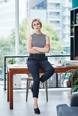 Buy stock photo Woman, portrait and designer with arms crossed in office, startup company or workplace for business. Manager, desk and creative professional or confident entrepreneur for brand consultant in New York